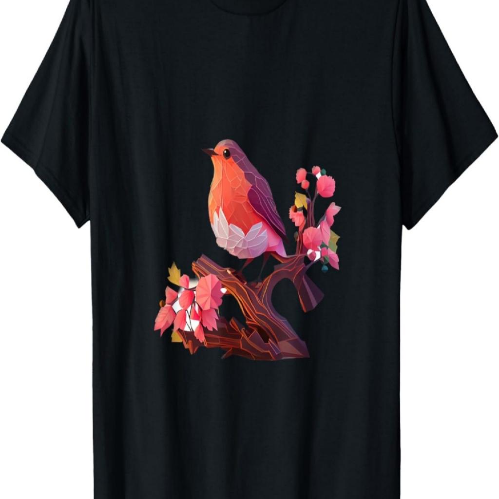 Red Breast Robin Bird on Cherry Blossom Poly Vector Art T-Shirt