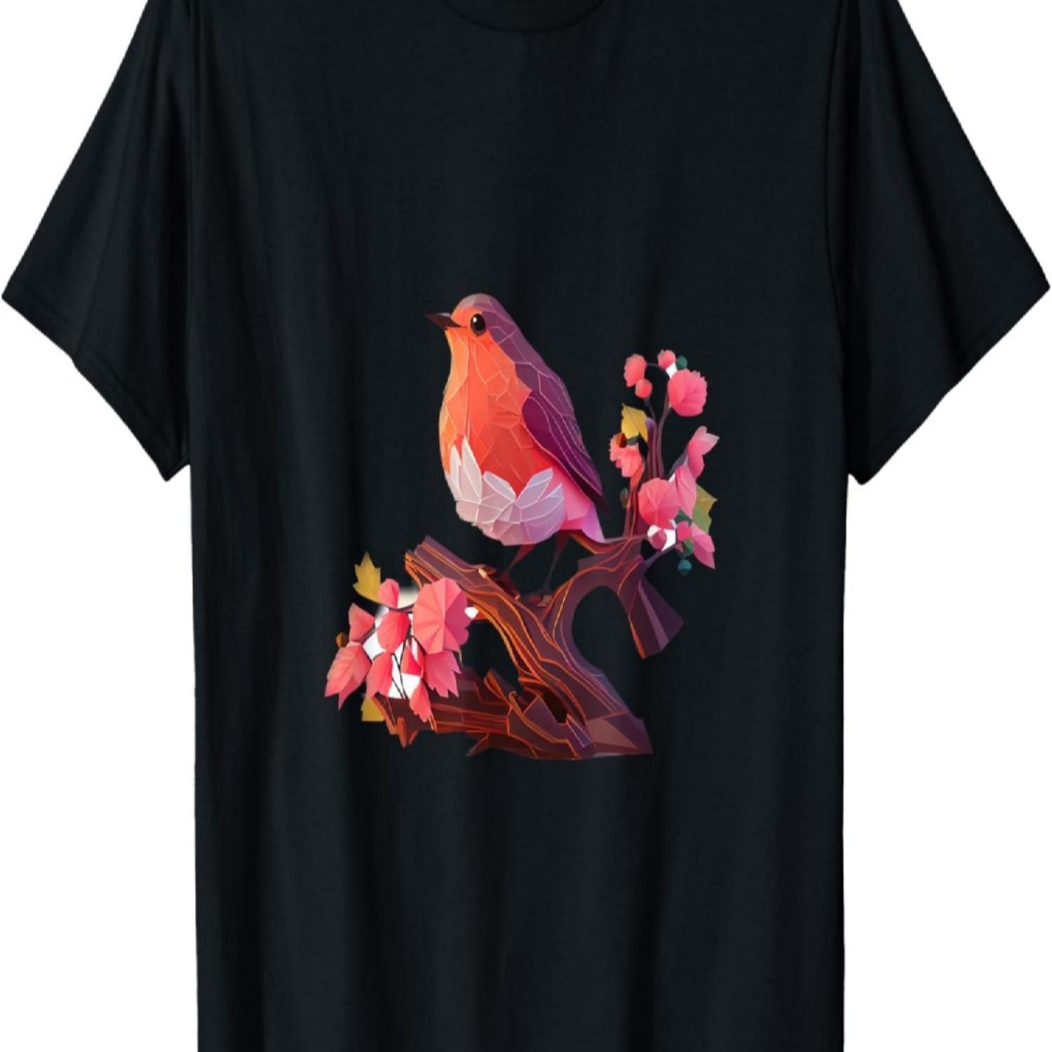 Red Breast Robin Bird on Cherry Blossom Poly Vector Art T-Shirt S чёрный