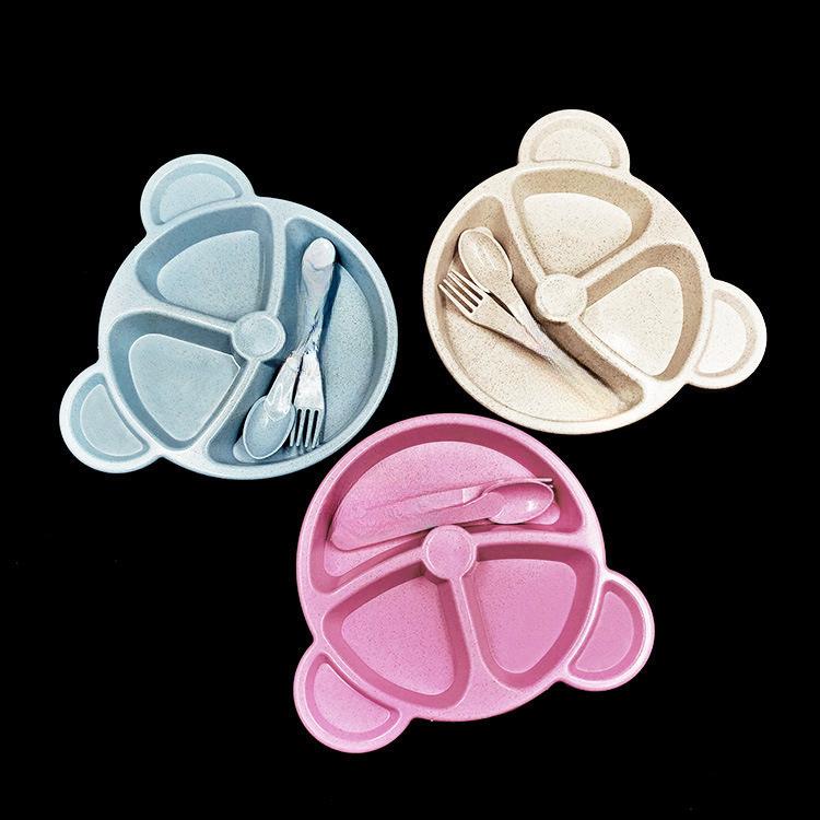 Wheat Bear Children's Plate Set 3-piece Cartoon Tableware Students Divided Breakfast Plate Delivery Spork