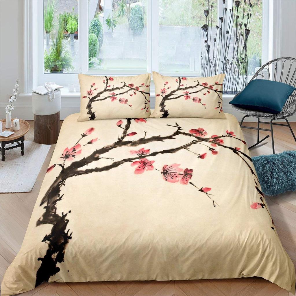 Comforter Plum Blossom Flower Floral Comforter For Kids Teens Women Butterfly Branches Ink Style Warm And Comfortable