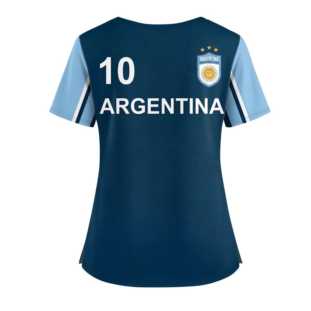 Women's V-Neck Short Sleeve Work Top with Pockets and Side Slits, Soccer Flag Print