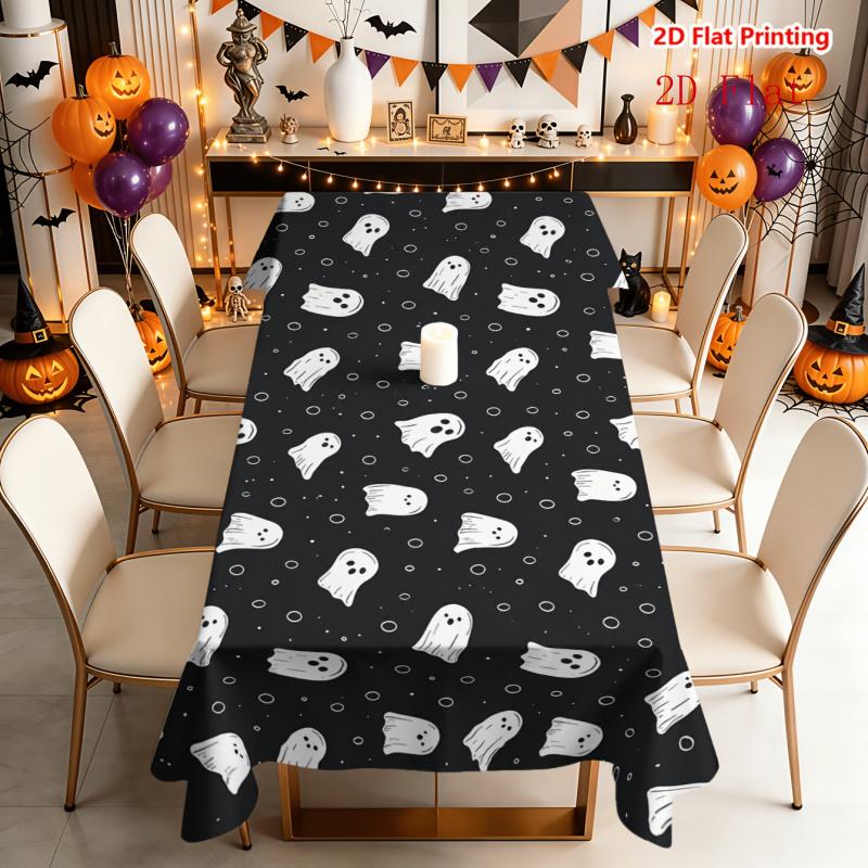 2D Flat 1pc Tablecloth, Halloween Ghost Pattern Tablecloth, Black And White Hand-Painted Style with Ghosts And Polka Dot Background, Suitable for Rest