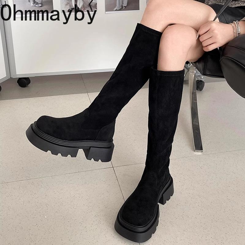Winter Platform Punk Style Woman Knee High Boot Concise Slip On Elastic Slim Shoes Ladies Thick Bottom Knight Long Booties
