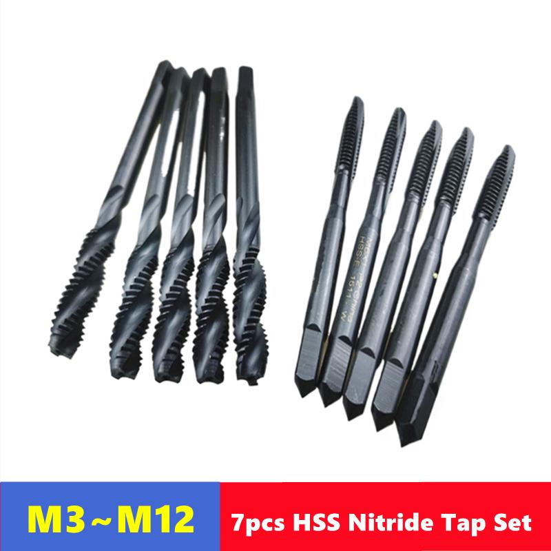 7-teiliges HSS Nitridier-Maschinengewindebohrer-Set M3-M12 Spiralbohrer und Spitzbohrer, verwendet für Innengewindeschneiden und Gewindereparaturwerkzeuge