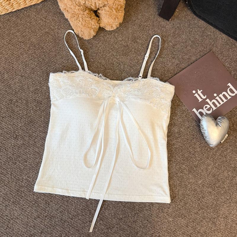 

Летняя женская милая сексуальная майка без рукавов с бантиком, кружевной вставкой и чашечками белый