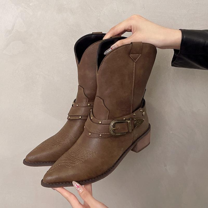 Fashion Block Heel Boots Autumn New Pointed Toe Sleeve Rivet Metal Buckle Anti-slip Wear-resistant Low Heel Shoes