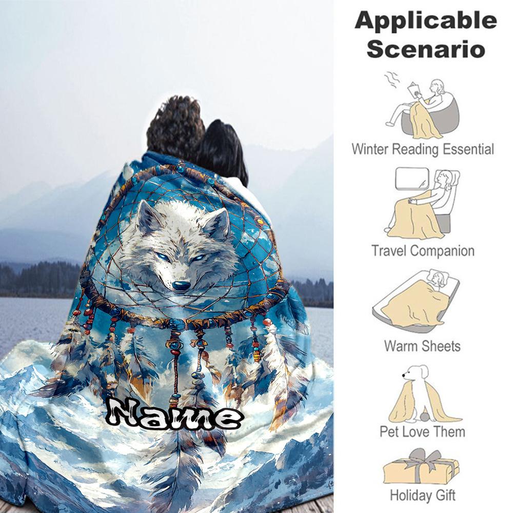 Snow Mountain Wolf Dream Catcher Customize Your Name Blanket Cozy Personalized Blanket Comfortable Suitable for Couch Bedding Home Decor Livingroom