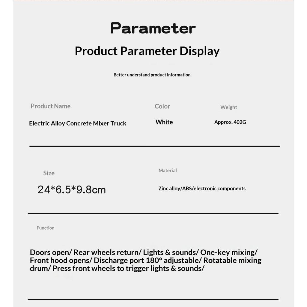 1/32 Scale Electric Concrete Mixer Truck Model Alloy Die Casting Can Model Real Work Children Toy Car Boy Gift