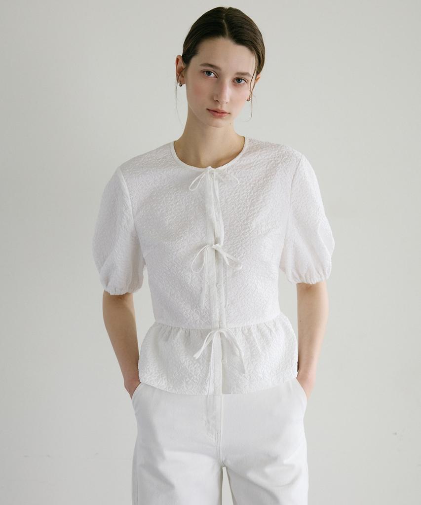 Ollibeudeollibeu Embossed Texture Ribbon Volume Sleeve Blouse Ow6Xb4020