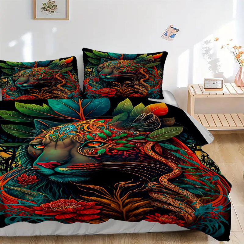 3pcs Tiger Art Print Duvet Cover Set - Includes 1 Duvet Cover and 2 Pillowcases, No Quilt Core, All-Season Home Decor yy251111089 135x200cm