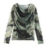 Korean Mesh Print Temperament Collision Color Mesh Yarn Round Neck Fashion Bottoming Shirt Inside Slim Hundred Mom Pleated Long-sleeved T-shirt Female