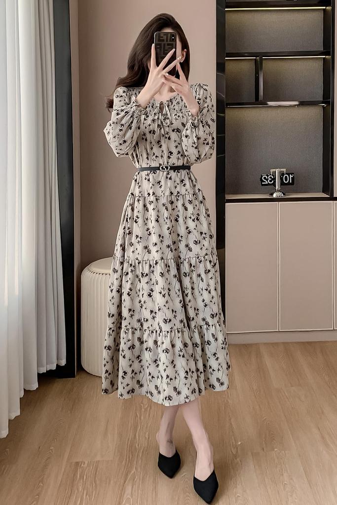 Floral Chiffon Long with Stylish and Elegant for Spring and Autumn [Chubikime] Women's Dress, A-Line, Flared, Belt,