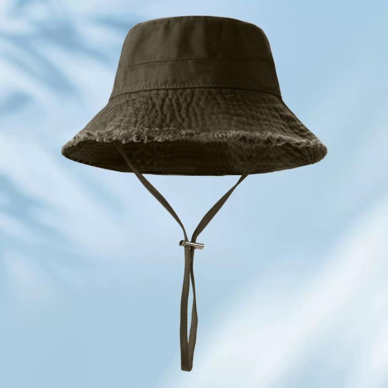 Raw edge cotton bucket hat embroidered female color visor, shopping sun protection hat