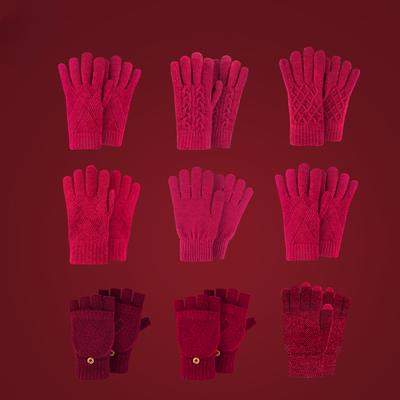 Knitted Encore Red Gloves for Women In Winter Warm and Cold Thickened Solid Color Versatile Bike Touch Screen Split Finger Gloves