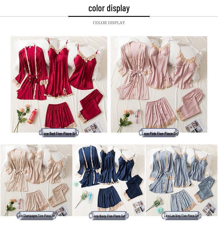 Women's Silk Five-Piece Pajama Set: Spring/Autumn Nightdress & Robe with Chest Pad