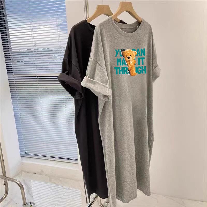 Korean Hip-Hugging Printed Plus Size Summer Dress, Mid-Length Over-the-Knee T-Shirt Style for Women, 2025 New Collection