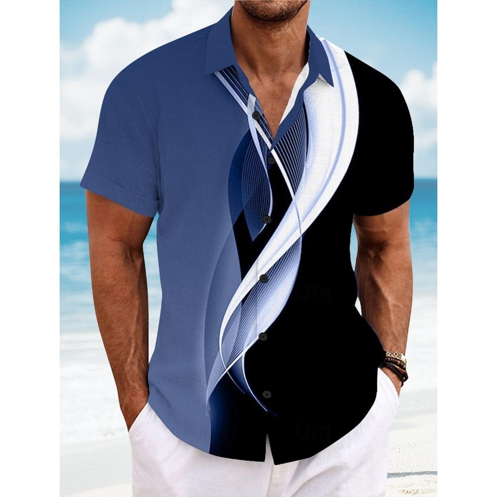 2025 Summer Men's Geometric Line Abstract Art Shirts Short Sleeve Tops Casual Shirts Turndown Casual Shirt Button Up Shirts