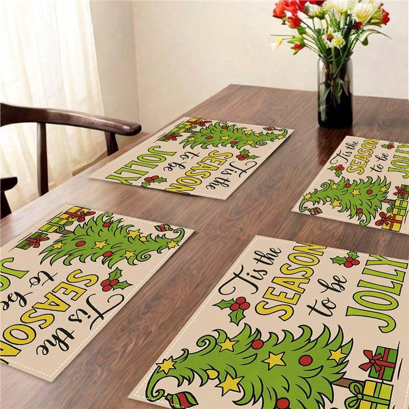 New Christmas Faux Linen Heat-Resistant Table Placemats - Rectangular Festive Dining Decor.