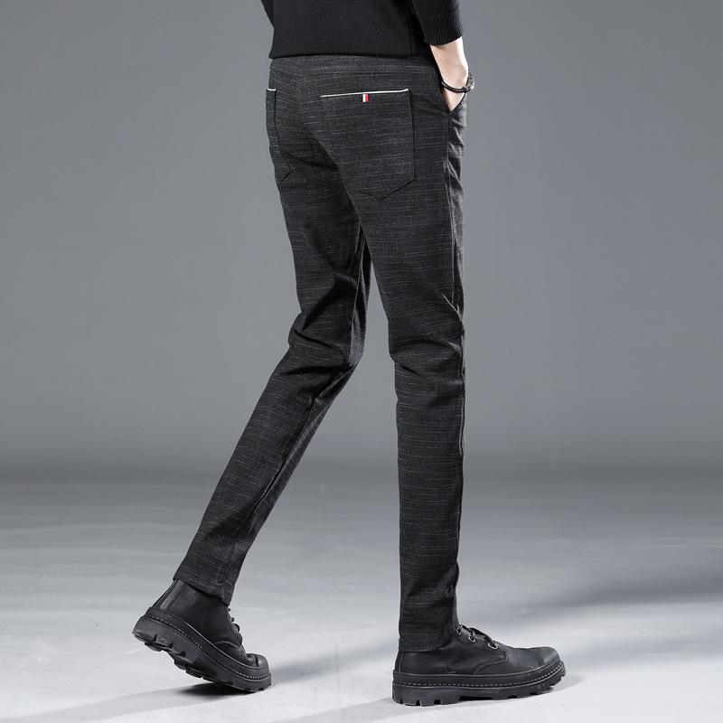 Herbststil Trendige Elastische Herren Business Baumwolle Leinen Karierte Herren Schmalbeinige Freizeithose