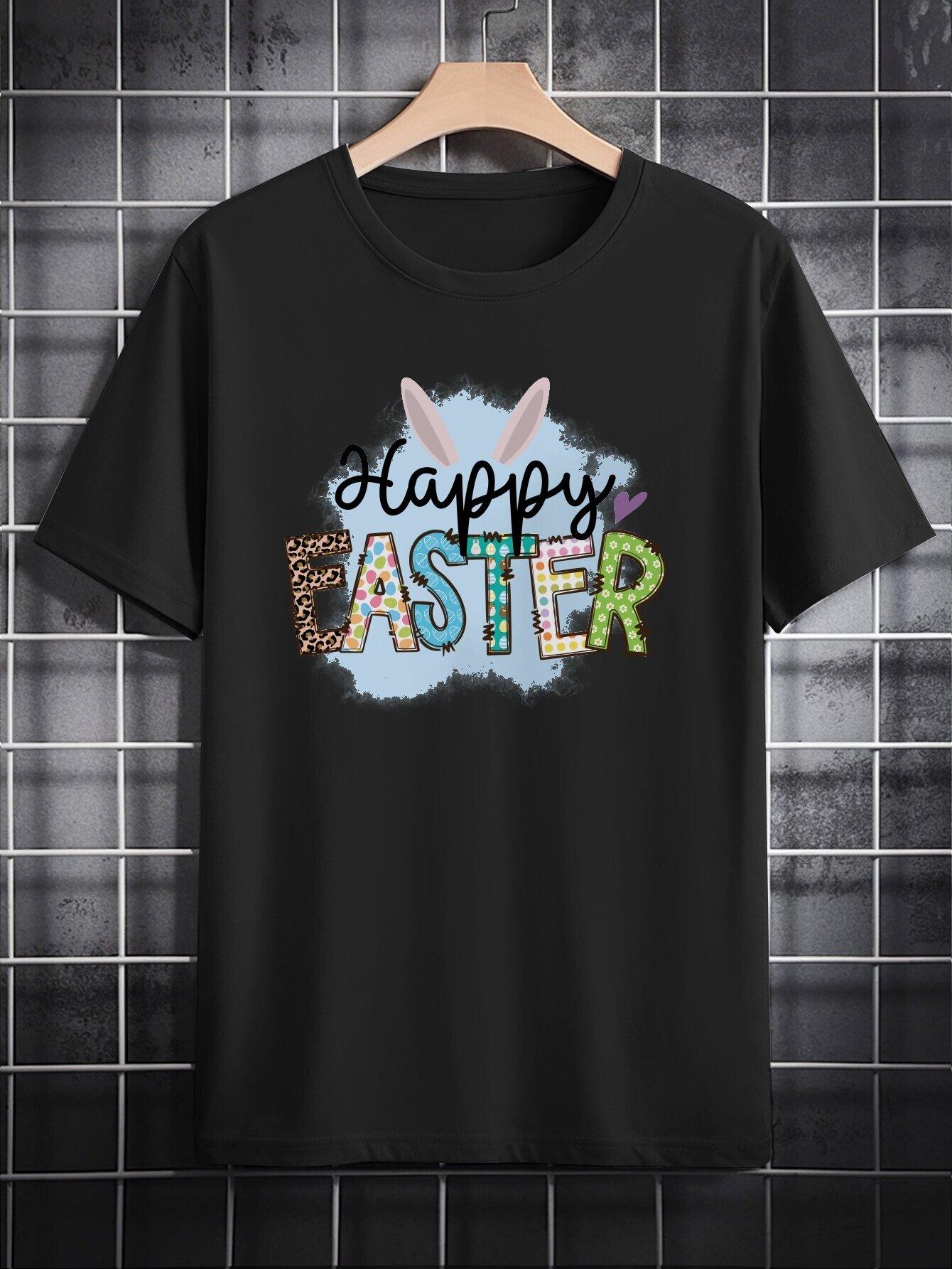 Casual Crew Neck T-shirt with Fun 3D Happy Easter Print - Short Sleeve XXXL