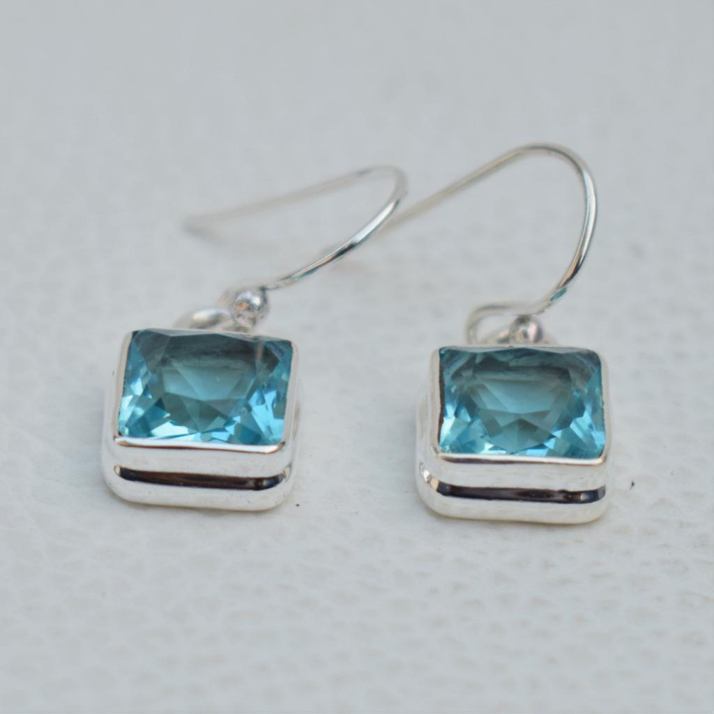 Natural Blue Topaz Earrings, Handmade Earrings, 925 Sterling Silver Earrings, Square Blue Topaz Earrings, Gift for Sister, Birthday Gift