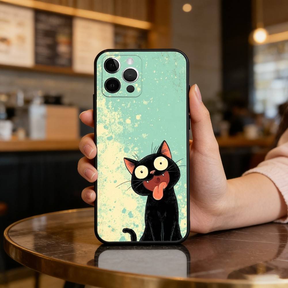 Cartoon C-Cat A-Art Phone Case For iPhone 17,16,15,14,13,12,11 Plus,Pro Max,Soft Silicone Black Cover