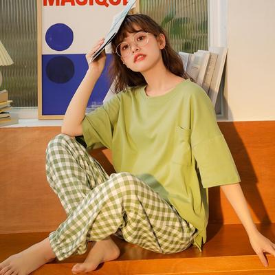 Women's Fashion Short Sleeve Round Neck Pullover Top Plaid Pants Set Loose Comfortable Home Outfit Sleepwear Homewear Pajamas 2PCS