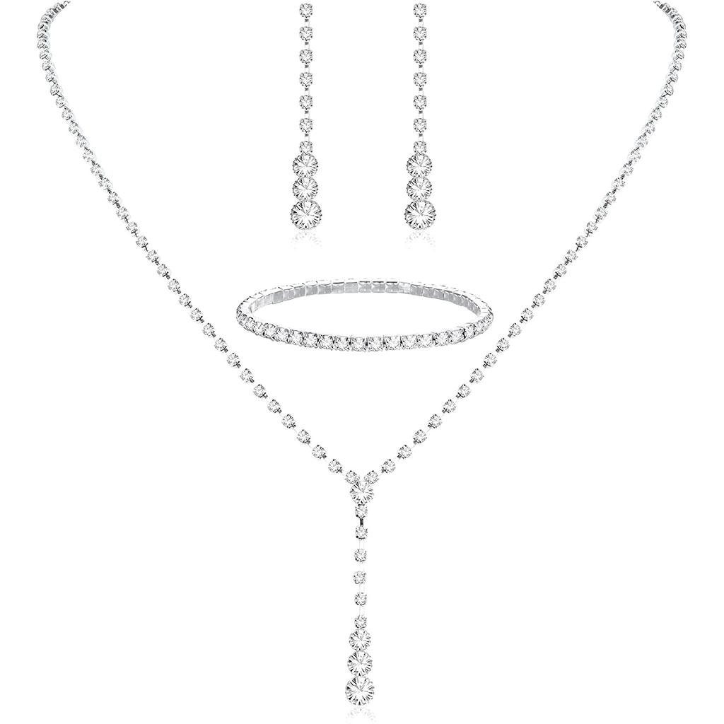 Bridesmaids Ball Outfit Rhinestone Jewelry Set Bridal Wedding Metal Zircon Water Drop Wave Necklace Earrings Bracelet