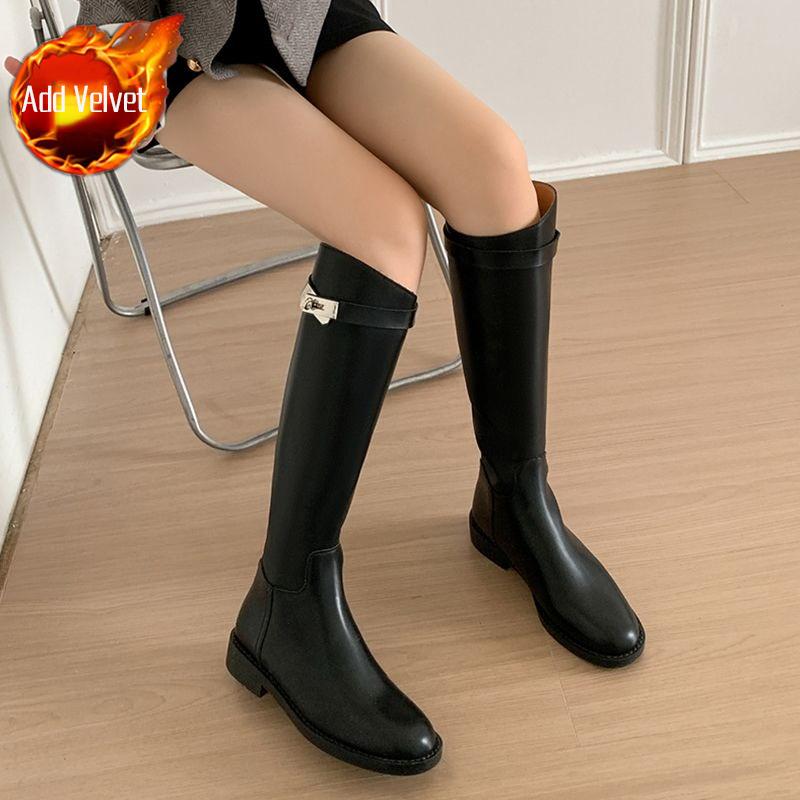 Elegant with Low Heels Black Leather Round Toe Women's Long Boots Autumn Winter Comfortable Goth Ladies Knee High Shaft Shoes