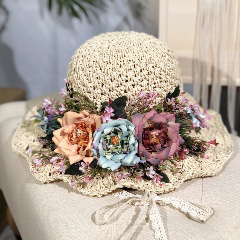 Handwoven Hollow Rose Flower Straw Hat Female Summer Small Fresh Pastoral Lace Strap Big Eaves Beach Hat