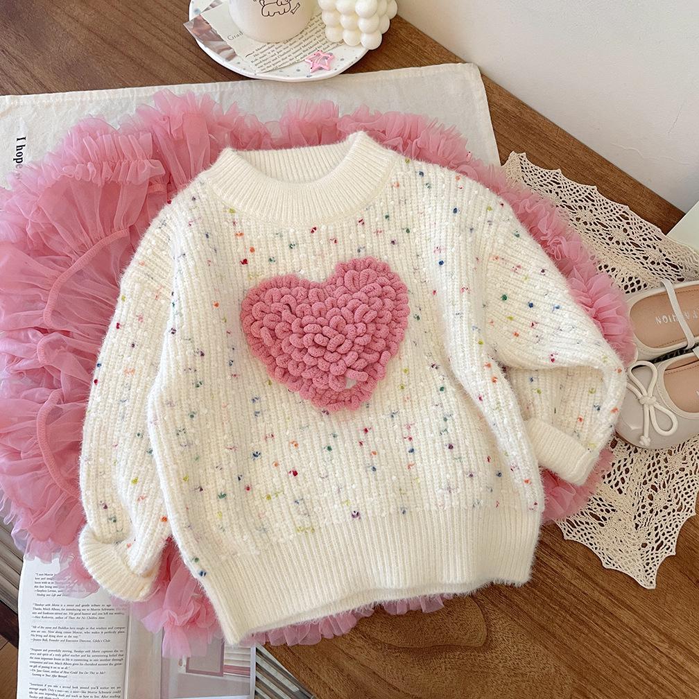 

Пуловер вязаный в корейском стиле 2025 Зима для девочек, разноцветный с сердечками 90 cm белый