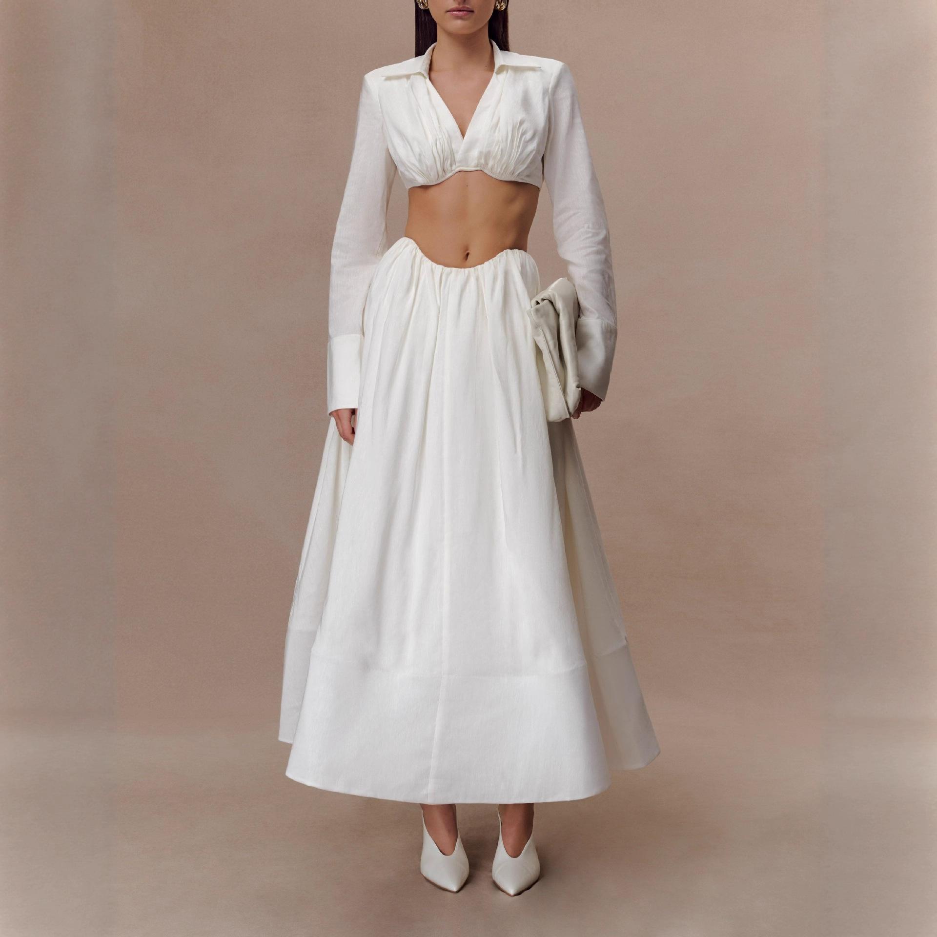 American women s 2025 autumn new strapless knit V-neck long-sleeve top, A-line tie-up slim dress XS белый