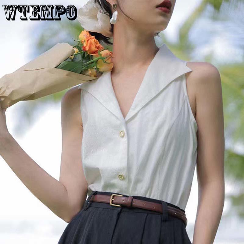 Summer Sleeveless French Camisole Women Lapel V Neck Blouse Niche Temperament Chiffon Top Classic Button Shirt Solid Color Simple Tank Top