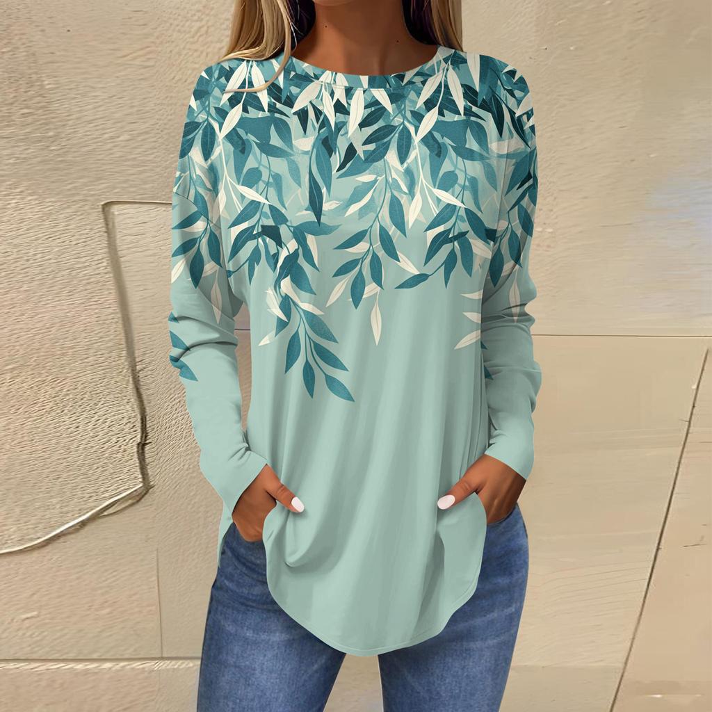 Damen T-Shirts Niedlich Vintage Musterdruck T-Shirt Langarm Tunika Oberteile Baumwolle Pullover