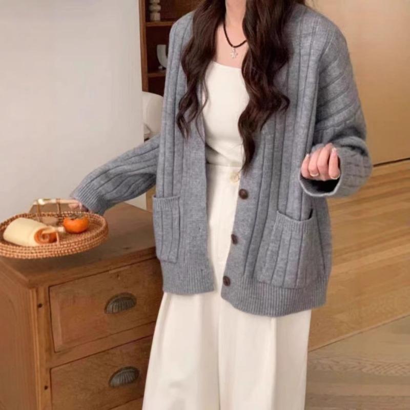 Vintage twist knitted cardigan women's autumn and winter casual lazy style loose versatile pocket sweater knitted jacket
