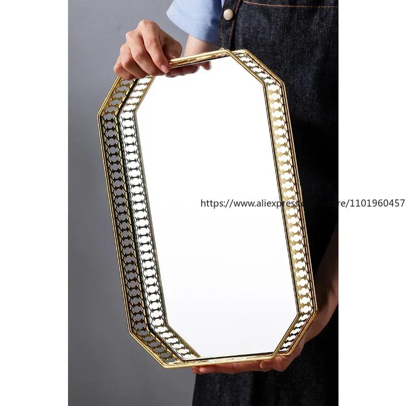 Gold Crystal Tray Decorative Storage Box Dessert Serving Plate Makeup Tray Jewelry Organizer for Home Living Room Bathroom Decor