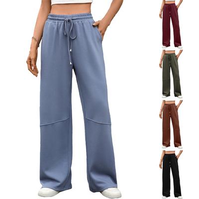 Women's Casual Fashion Solid Color Elastic Waist Drawstring Pockets Wide Leg Straight Pants