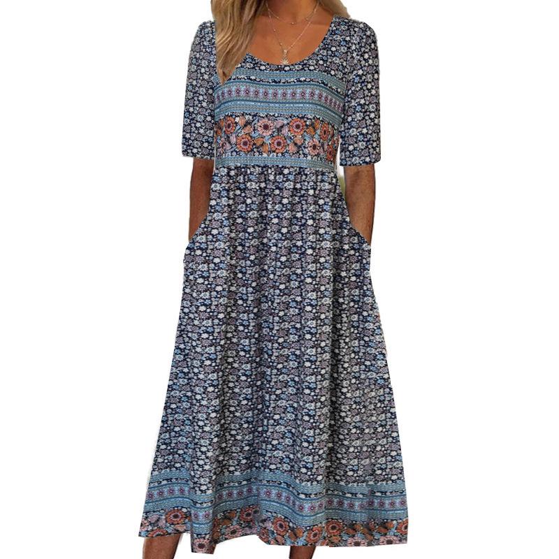 2024 Summer Bohemian Print Women's Maxi Dress with Round Neck and Short Sleeves