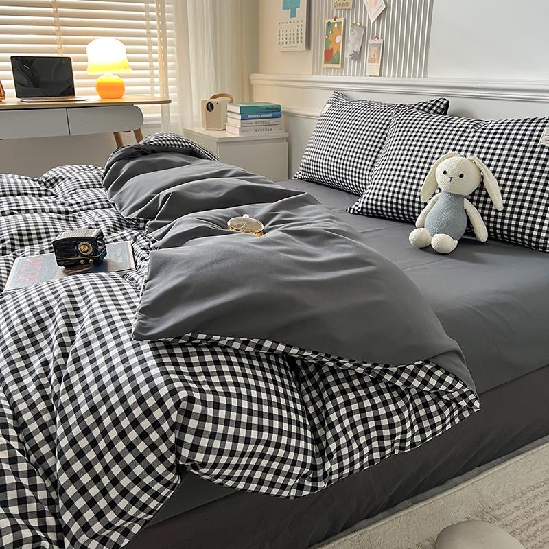 Muji Style Plaid Peach Fuzz Cotton Bedding Set: Skin-friendly Bed Sheet, Fitted Sheet, Duvet Cover - 3 or 4 Piece Options for Dorm.