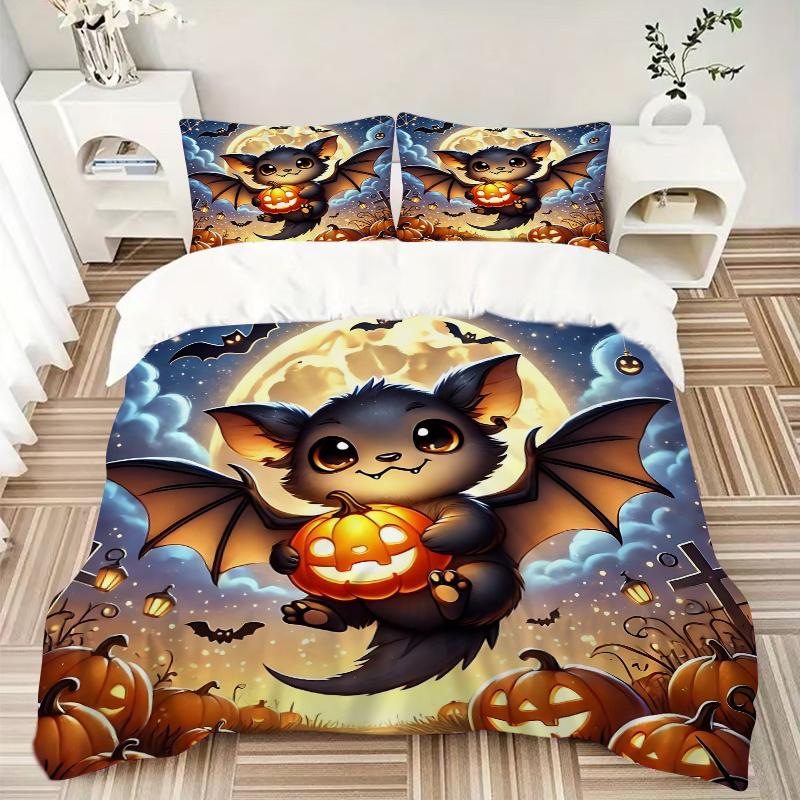 3pcs Cute Bat Halloween Print Bedding Set Soft and Comfortable, Suitable for Use in Bedrooms and Guest Rooms.N024