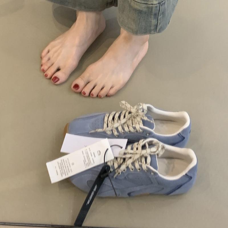 Cowhide version~ retro casual shoes color matching lace-up flat-bottom sports shoes women's versatile running tide
