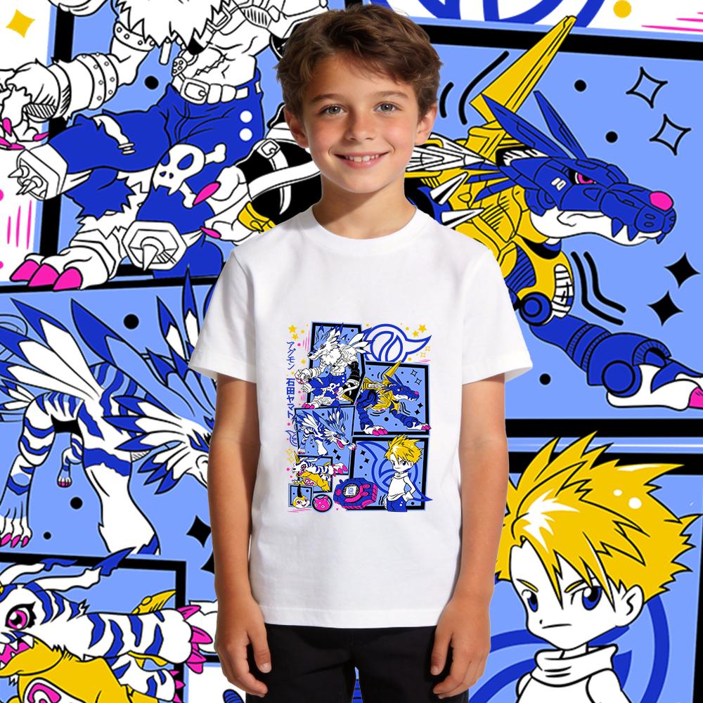 Digimon Ishida Yamato X Gabumon Anime Print Boys Girls Cotton T Shirt Casual Short Sleeve Top Kids Summer Clothes