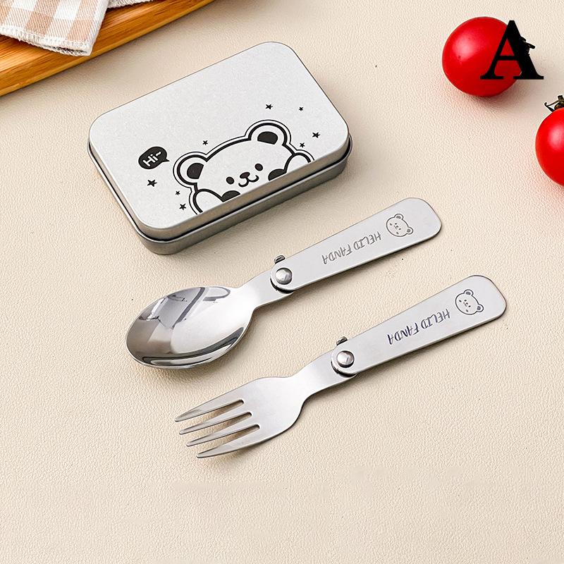 

2Pcs/Box Portable Foldable Dinnerware Set 304 Stainless Steel Folding Fork Spoon With Cutlery Box Cute Outdoor Tableware