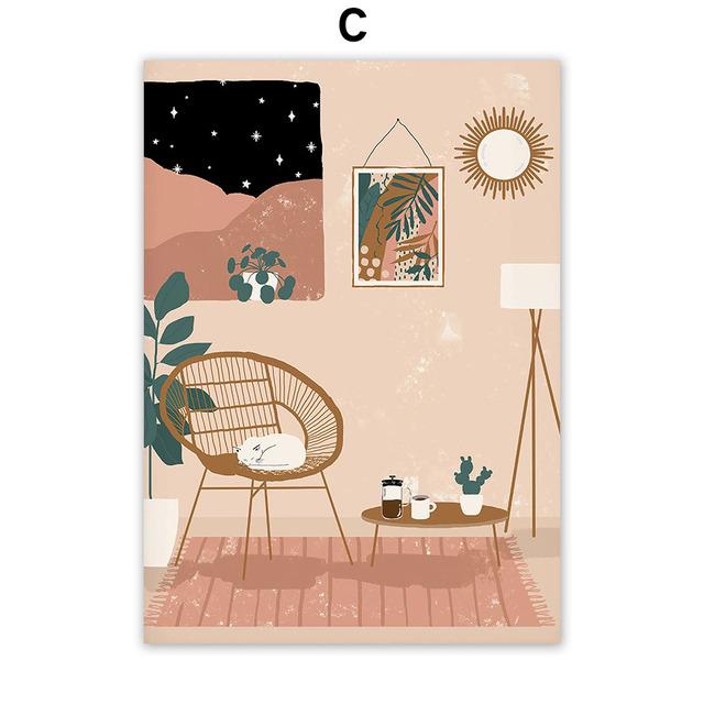 Boho Girl's Life Cat Monstera Plants Abstract Nordic Wall Art Canvas Painting Posters And Prints Pictures For Living Room Decor