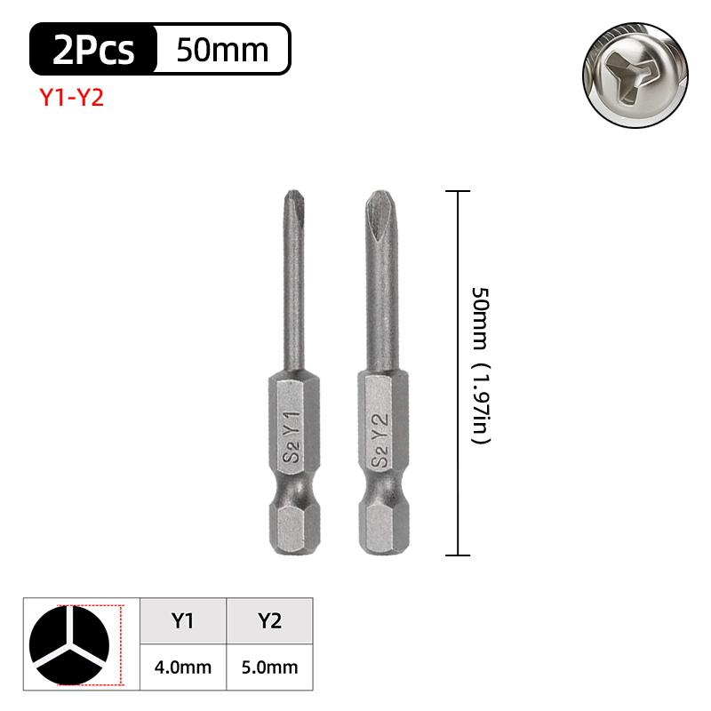 Y Shaped Screwdriver Bits Set Magnetic 1/4” Hex Shank Y Tip Head Y1 Y2 50mm S2 Steel Screw Driver Bit Ratchet Wrench Hand Tools