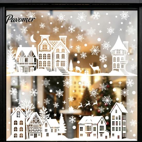 Indoor Outdoor Glass Window Stickers 2Pcs Christmas Town Static Sticker, Reusable Decal with Snowflake Clings for Winter Pattern, Decorative