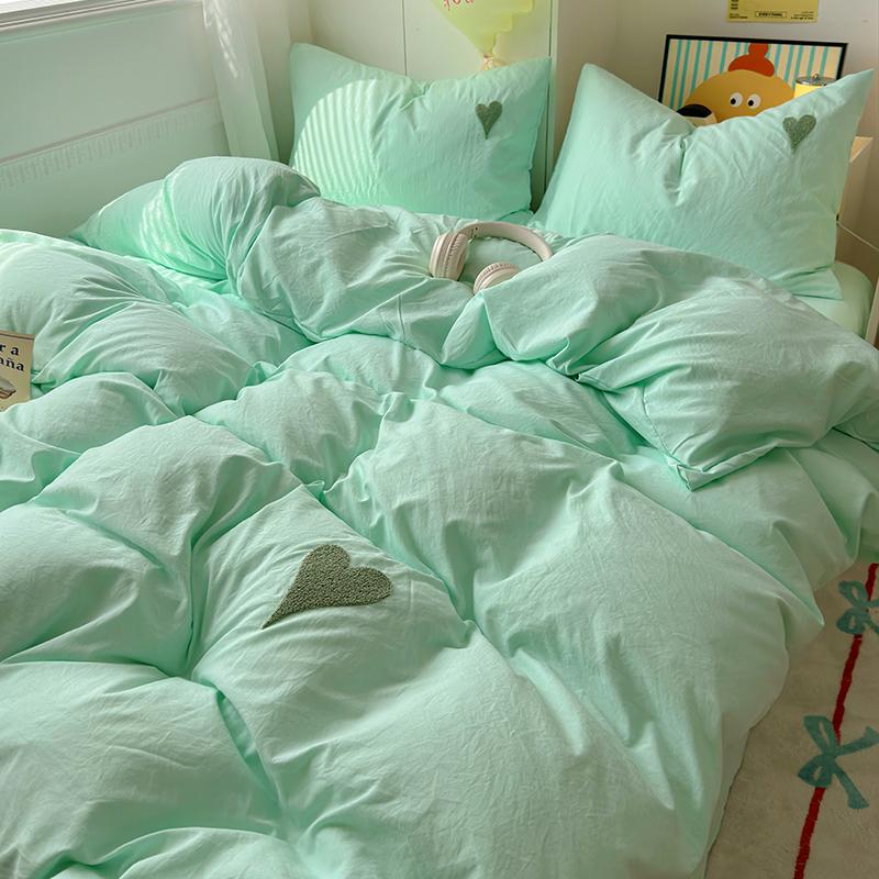 Cute Blue Heart Bedding Set Ins Nordic Embroidery Bed Sheet Set Of Four Pieces Home Luxury Duvet Cover Set For Girls