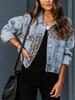 Women's 2025 Spring Denim Jacket with Long Sleeves and Leopard Print Patchwork