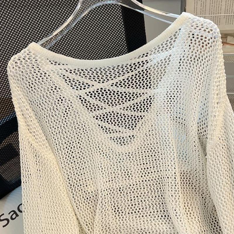 Knitted T Shirt for Women Thin Transparent Sunscreen Solid Ropa De Mujer Loose Korean Fashion Hollow Out Sexy T-shirts