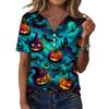 Damen Halloween Print V-Ausschnitt Kurzarm Knopfleiste T-Shirt